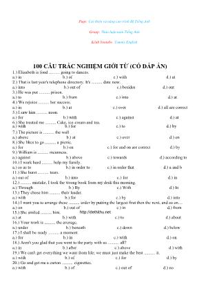 100 Câu trắc nghiệm giới từ (Có đáp án) - Môn Tiếng Anh Lớp 12